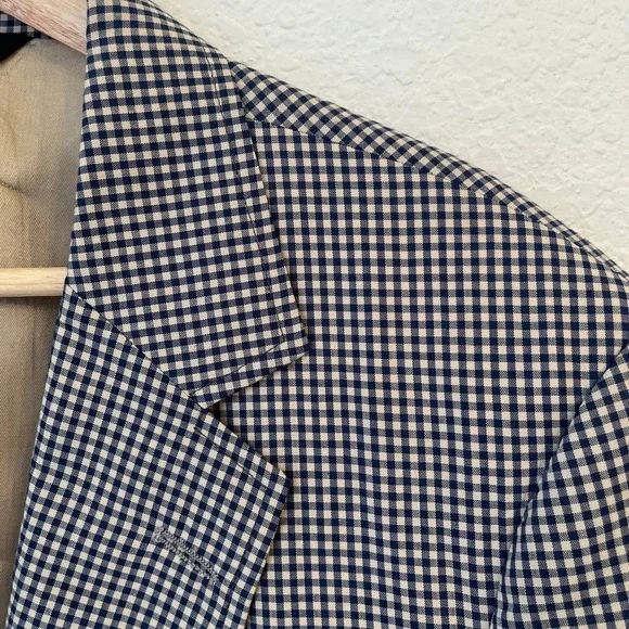 Vintage Orvis Gingham Check Blazer Mens 46R Navy Tan Sport Coat Union Made USA - Picture 5 of 16